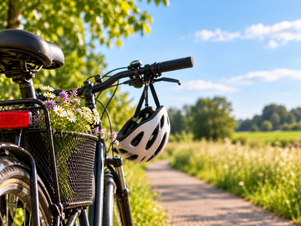 Fahrrad mit Blumenkorb und Fahrradhelm Fahrrad mit Blumenkorb und Fahrradhelm